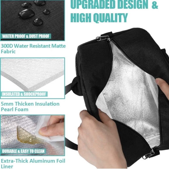 Midnight Black Reusable Insulated Lunch Box Organizer/ Adjustable Shoulder Strap - Picture 5 of 7